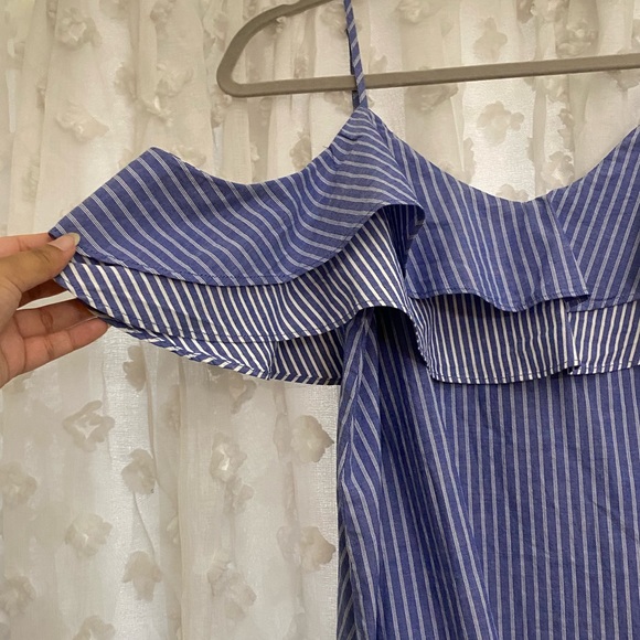 A New Day Blue Denim Pin Stripped Off The Shoulder Blouse w/ ruffles - Picture 5 of 5